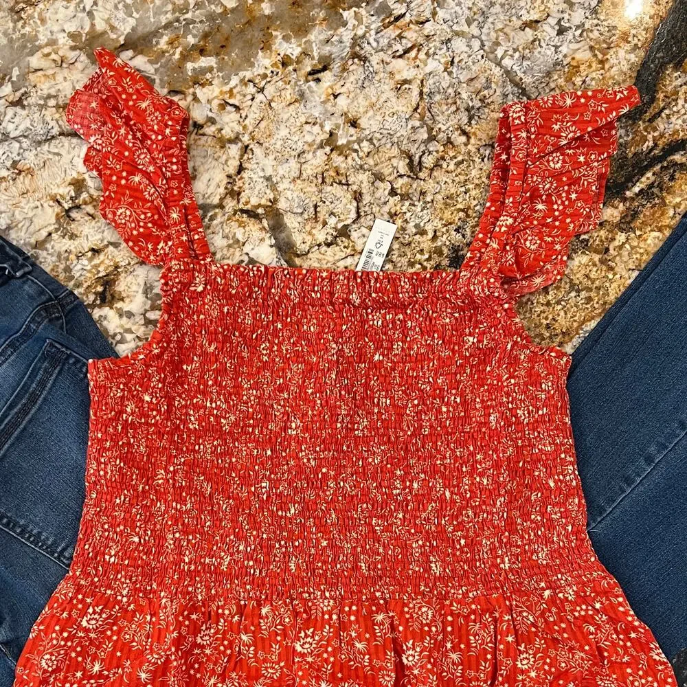 NWT Madewell Fresh Chili Red Lucie Floral Smocked Peplum Top - Picture 6 of 10
